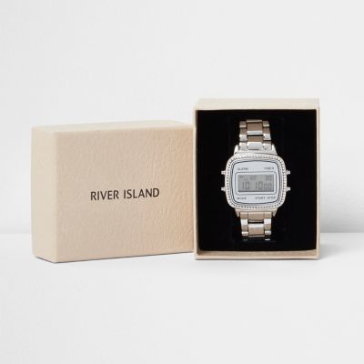 Silver tone gem encrusted digital watch